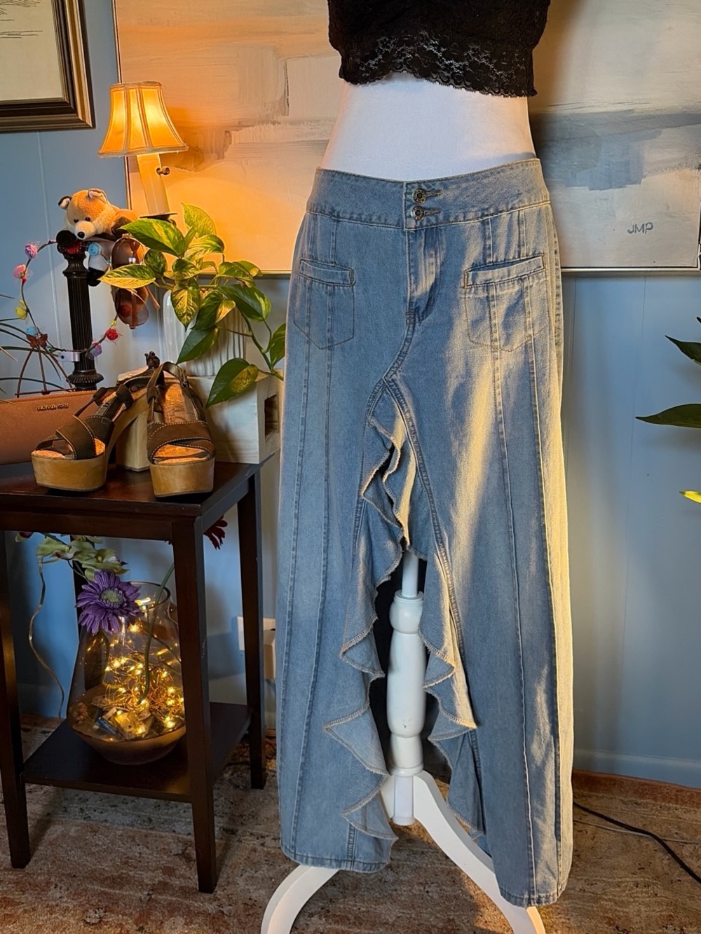 Edikted Light Blue Denim Maxi Skirt with Front Ruffle Panel